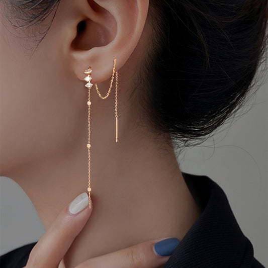 Brass Zirconia Long Tassel Threader Earrings