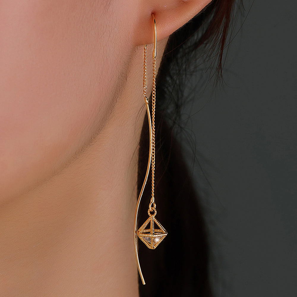 Gold Bronze Cutout Zircon Tassel Threader Earrings