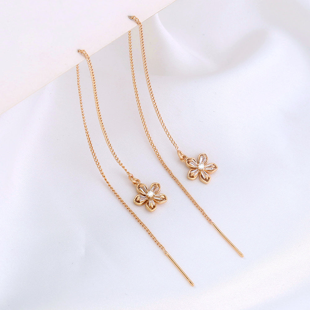 Gold Floral Copper Tassel Threader Earrings