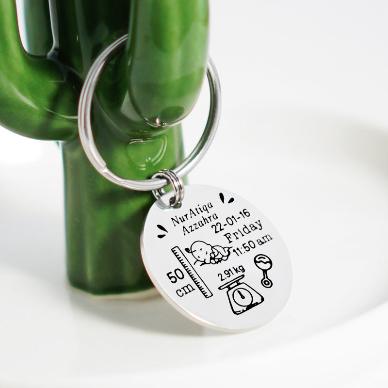 Stainless Steel Round Key Baby Birth Keychain