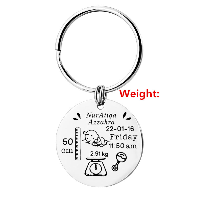 Stainless Steel Round Key Baby Birth Keychain