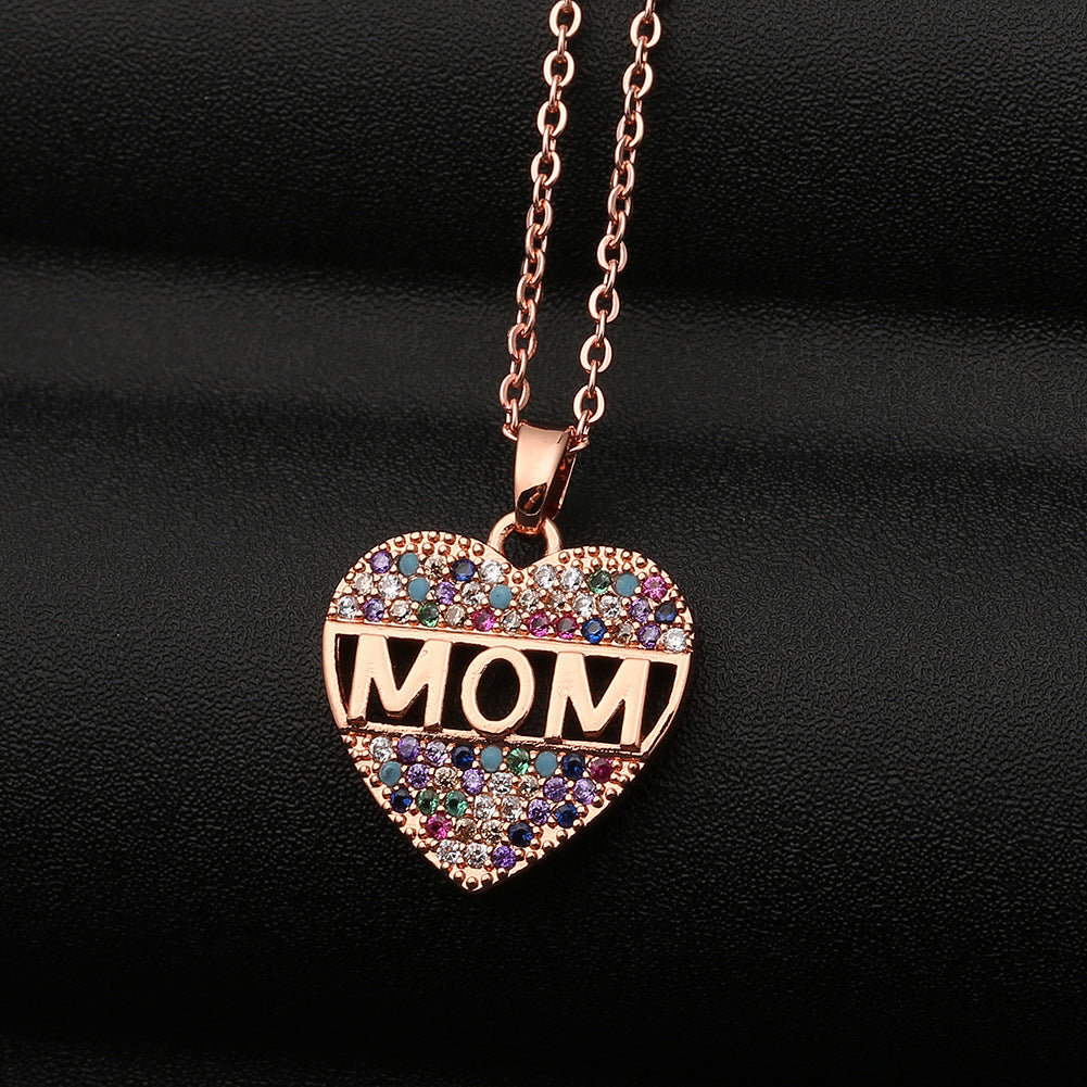 Fashion Colorful Mom Cubic Zirconia Heart Necklace Pendant Decoration