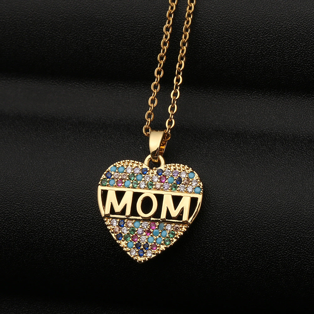 Fashion Colorful Mom Cubic Zirconia Heart Necklace Pendant Decoration