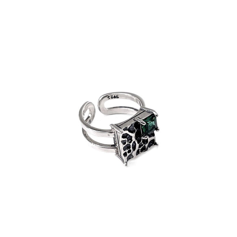 Vintage  Silver Square Dark Green Diamond S925 Sterling Silver Ring