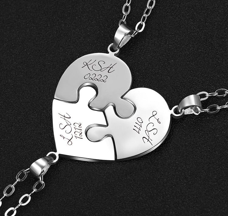 Engraved S925 Silver Jigsaw Puzzle Breakable Heart Pendant Necklaces for Couples, Friends & Family