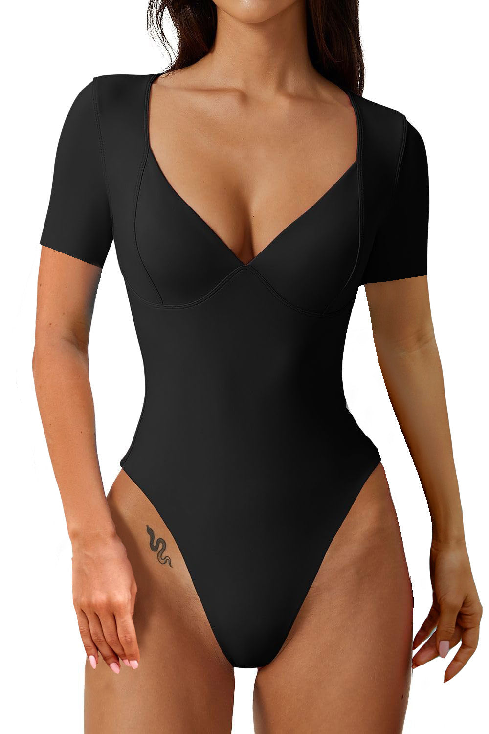 Short Sleeve V Neck Seamed Cup Bodysuit