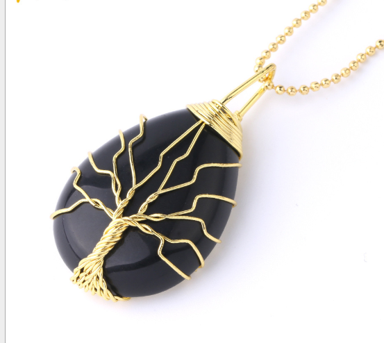 Natural Stone Pendant Gold Color Wire Wrap Gem