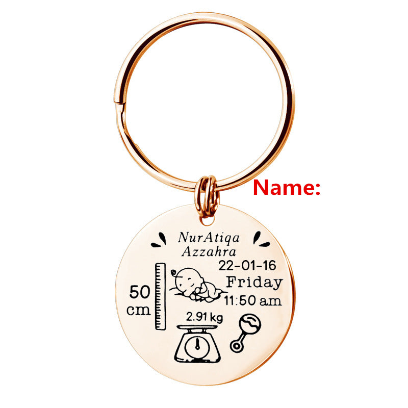 Stainless Steel Round Key Baby Birth Keychain