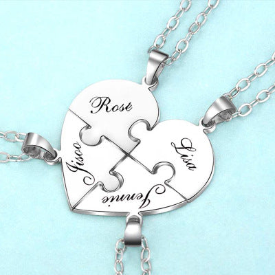 Engraved S925 Silver Jigsaw Puzzle Breakable Heart Pendant Necklaces for Couples, Friends & Family