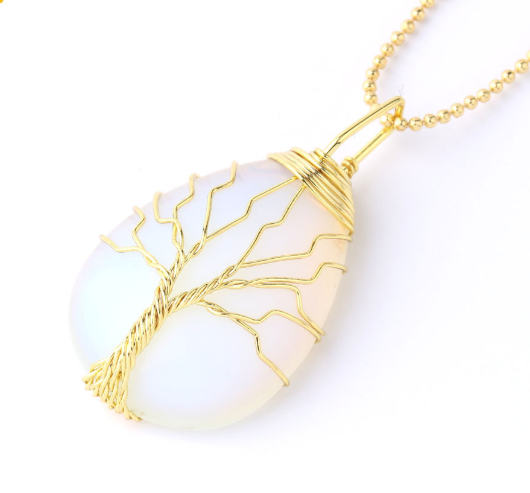 Natural Stone Pendant Gold Color Wire Wrap Gem