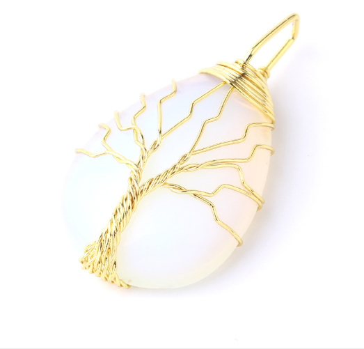 Natural Stone Pendant Gold Color Wire Wrap Gem