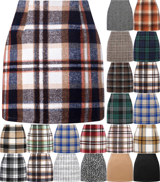 Women's High Waist Plaid Tight Pencil Wool Mini Skirt