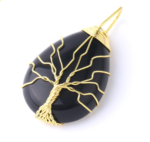 Natural Stone Pendant Gold Color Wire Wrap Gem