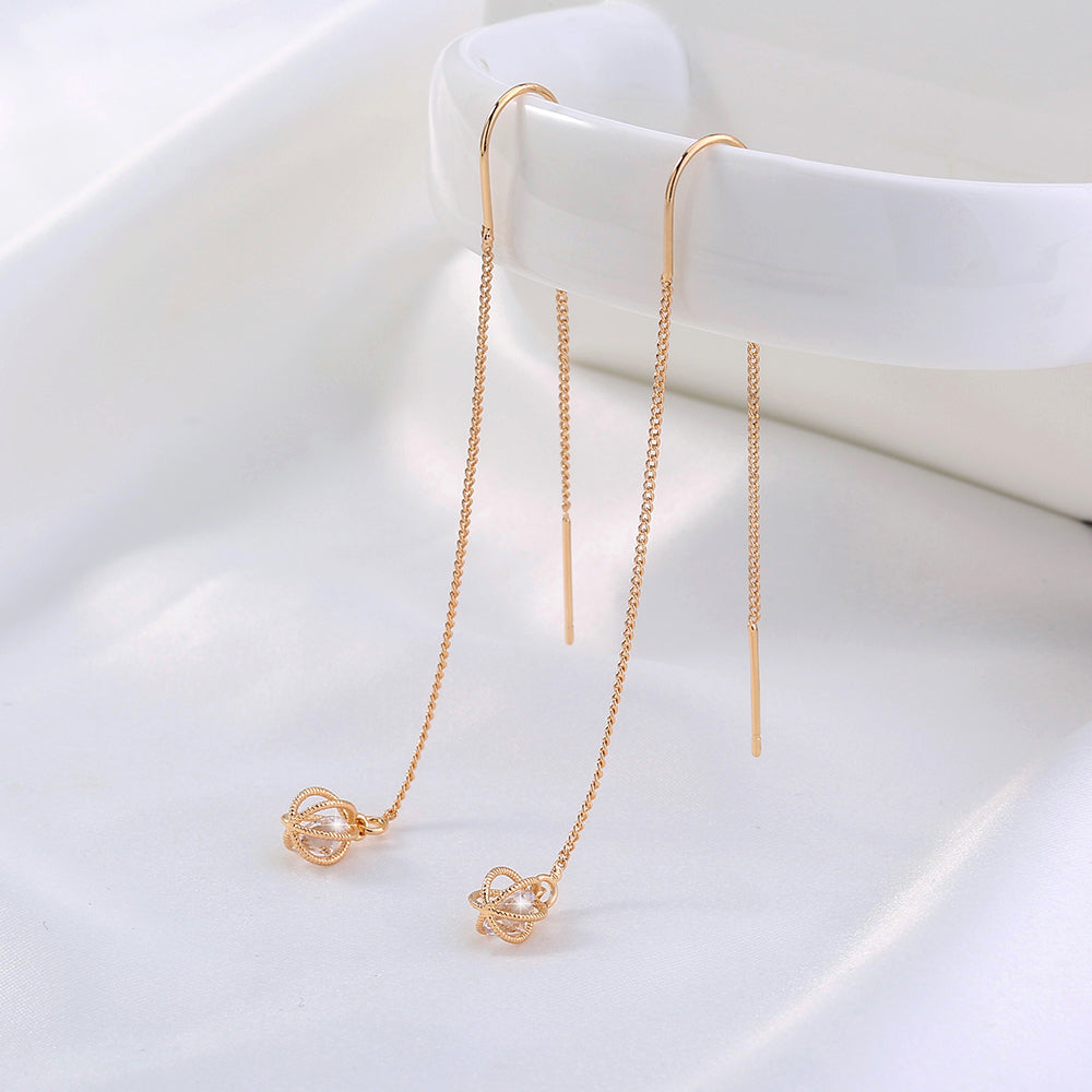 Gold Open Lantern Tassel Threader Earrings