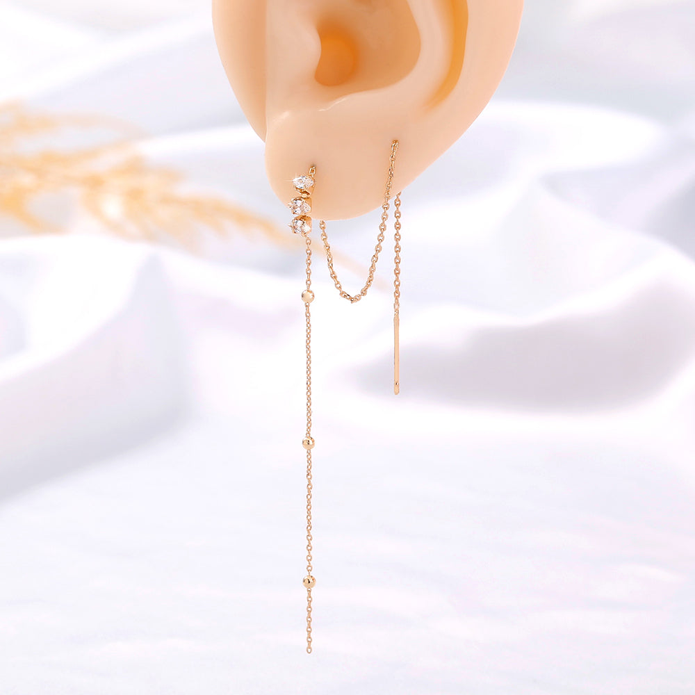 Brass Zirconia Long Tassel Threader Earrings