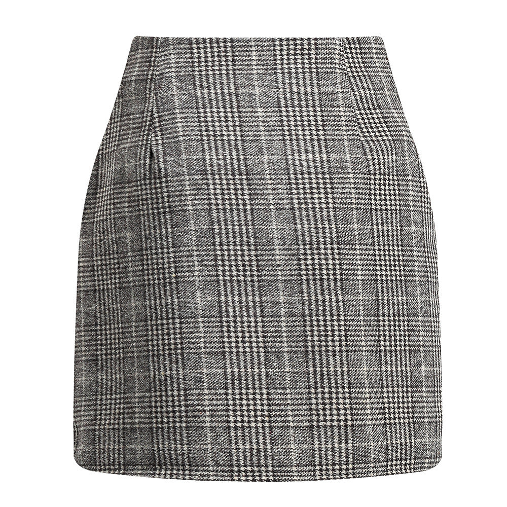 Women's High Waist Plaid Tight Pencil Wool Mini Skirt