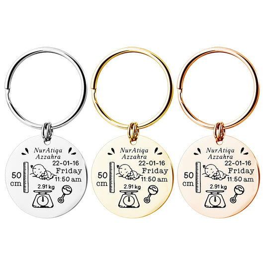 Stainless Steel Round Key Baby Birth Keychain