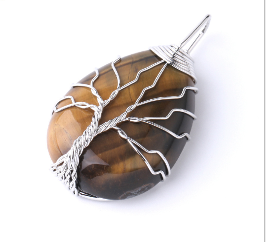 Natural Stone Pendant Gold Color Wire Wrap Gem