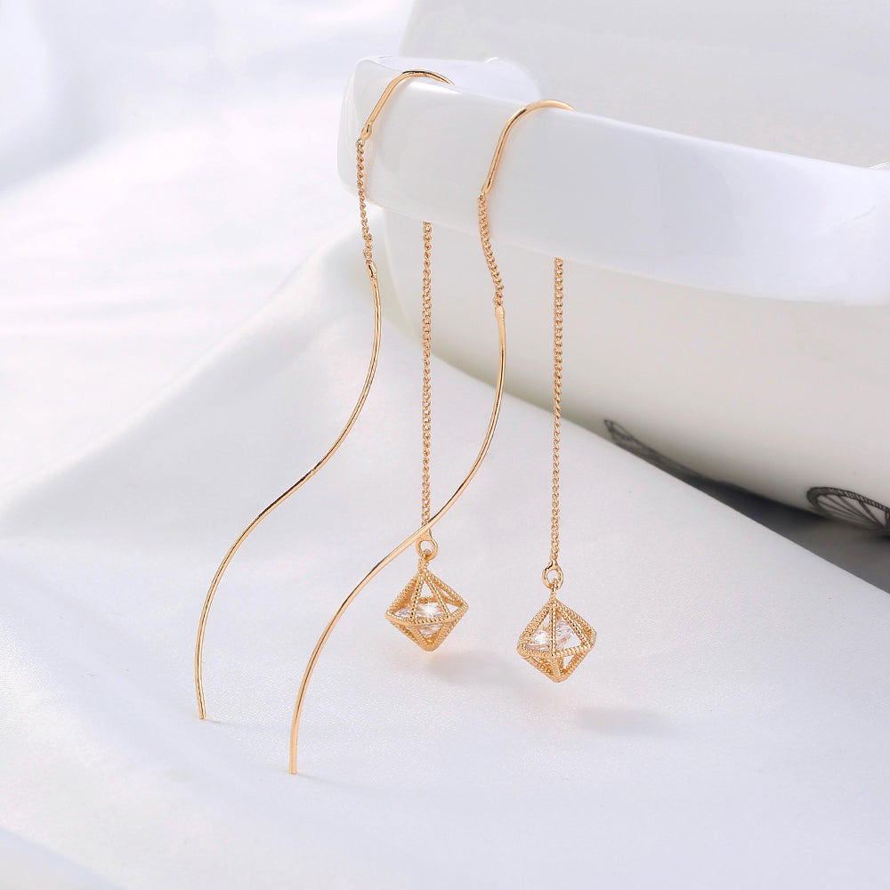 Gold Bronze Cutout Zircon Tassel Threader Earrings