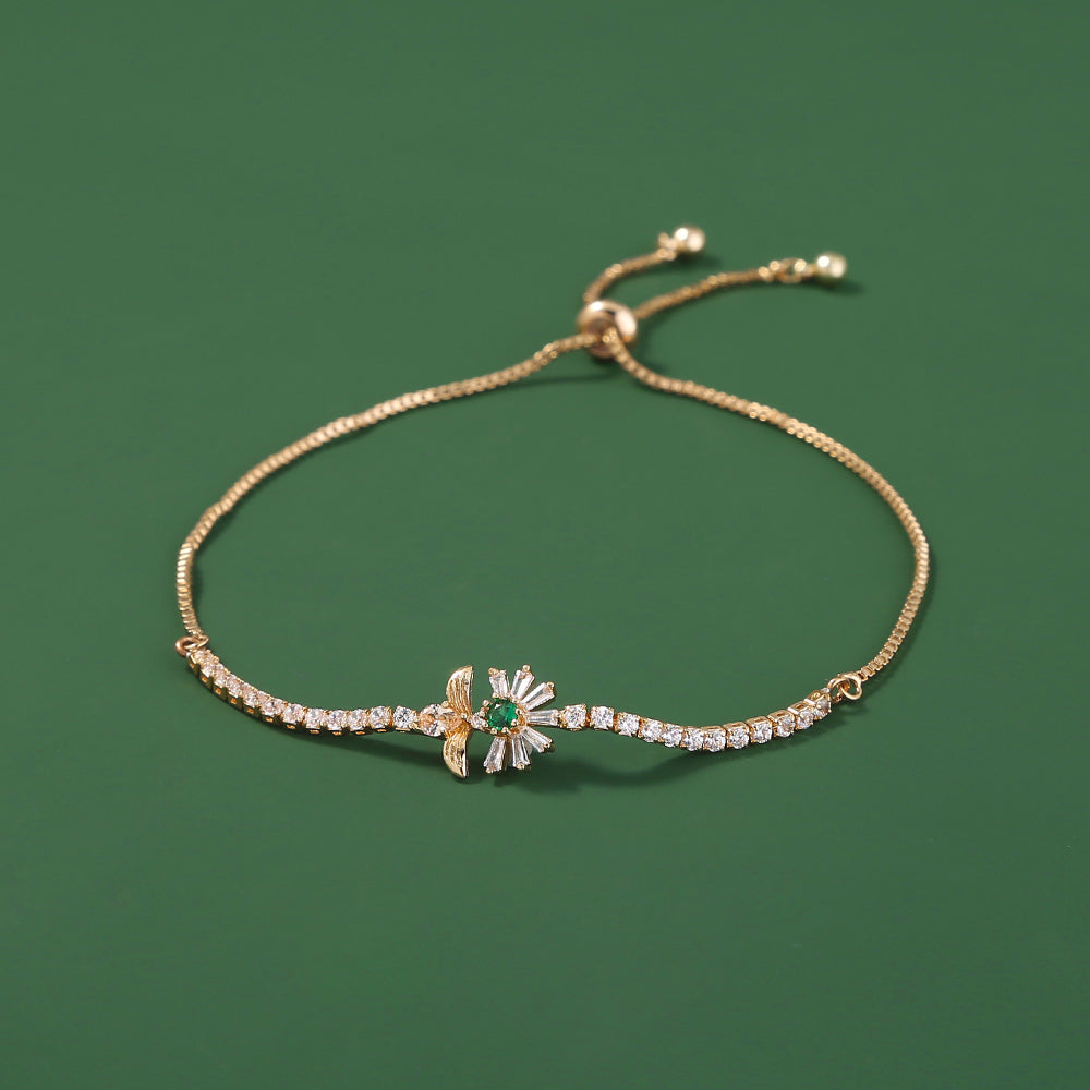 Copper Bee Chrysanthemum Gold Plated White Zircon Adjustable Pull Bracelet