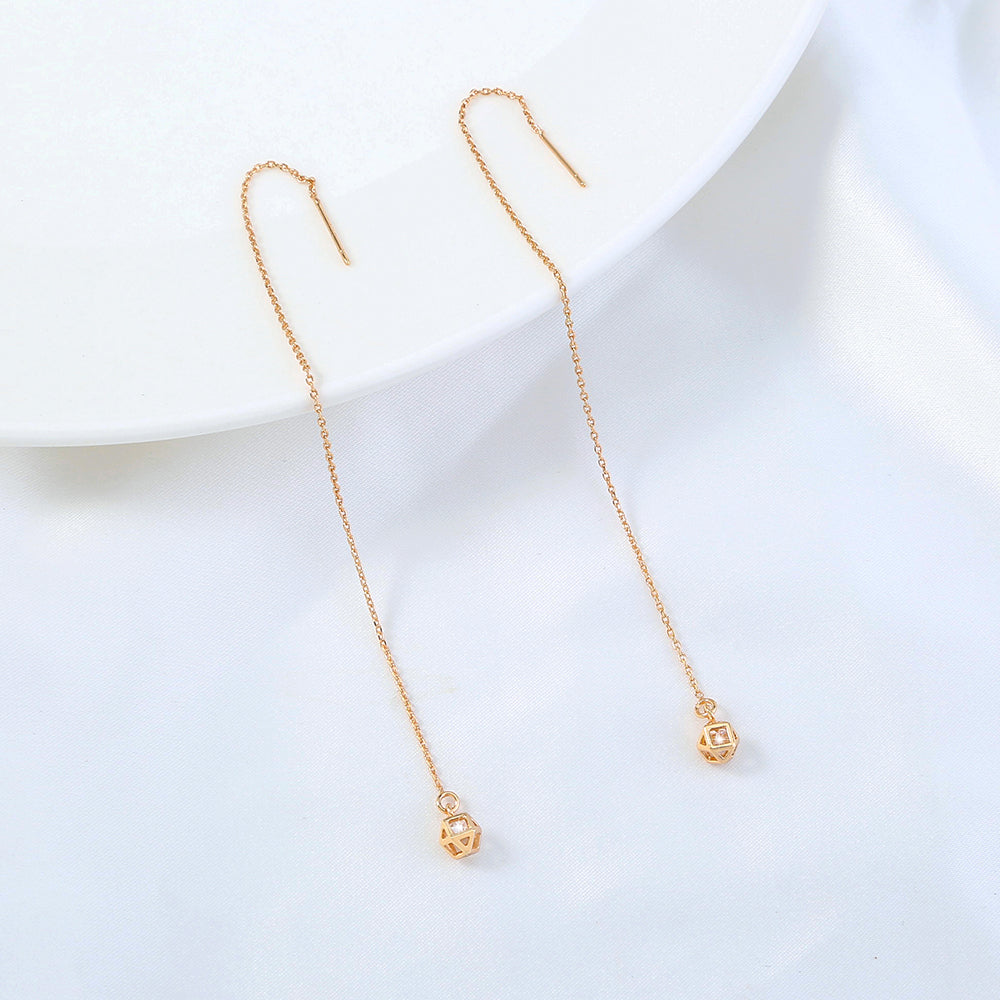 Gold Diamond Cutout Tassel Threader Earrings