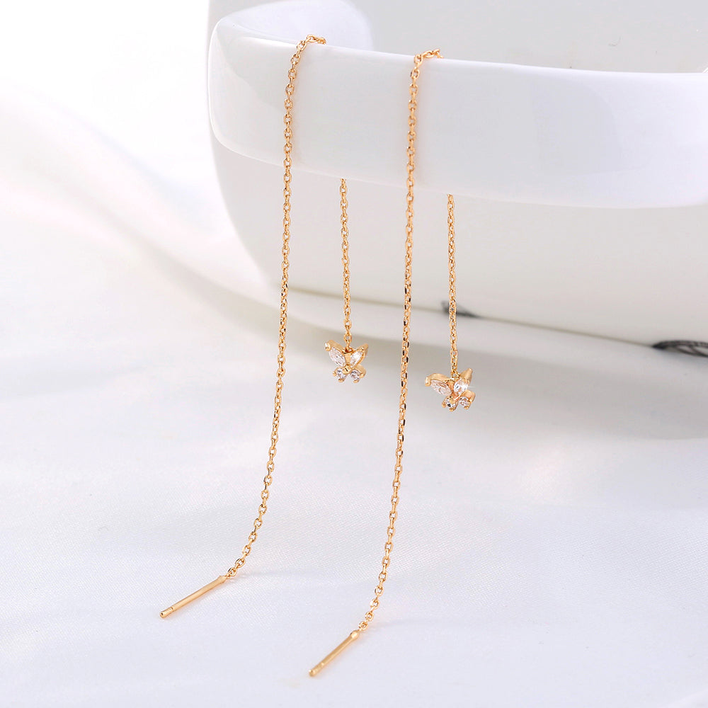 Gold Bronze Butterfly Zircon Tassel Threader Earrings