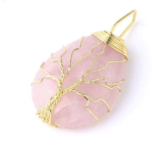 Natural Stone Pendant Gold Color Wire Wrap Gem