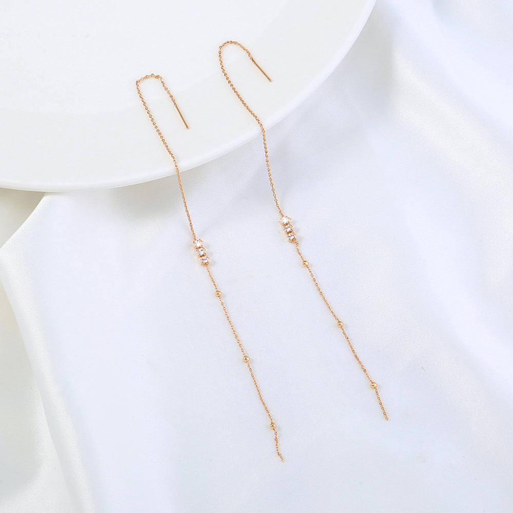 Brass Zirconia Long Tassel Threader Earrings