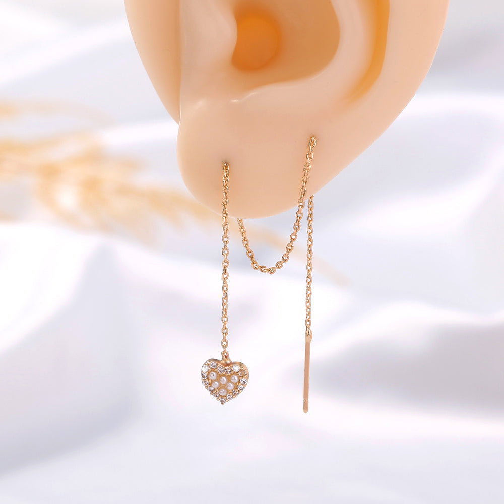 Gold Heart Cutout And Diamond Tassel Threader Earrings