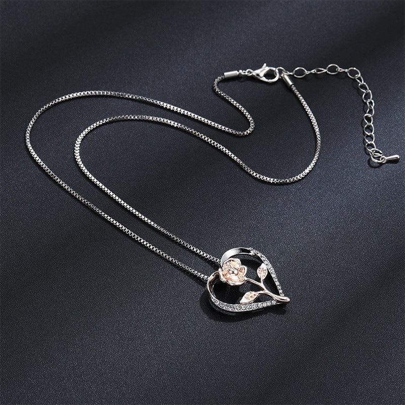 Zircon Heart Rose Silver Necklace For Women