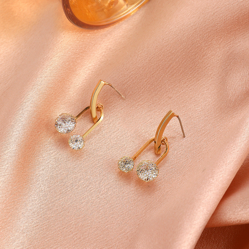 Copper Inlaid Zircon Hollow Small Gold Ball Earrings