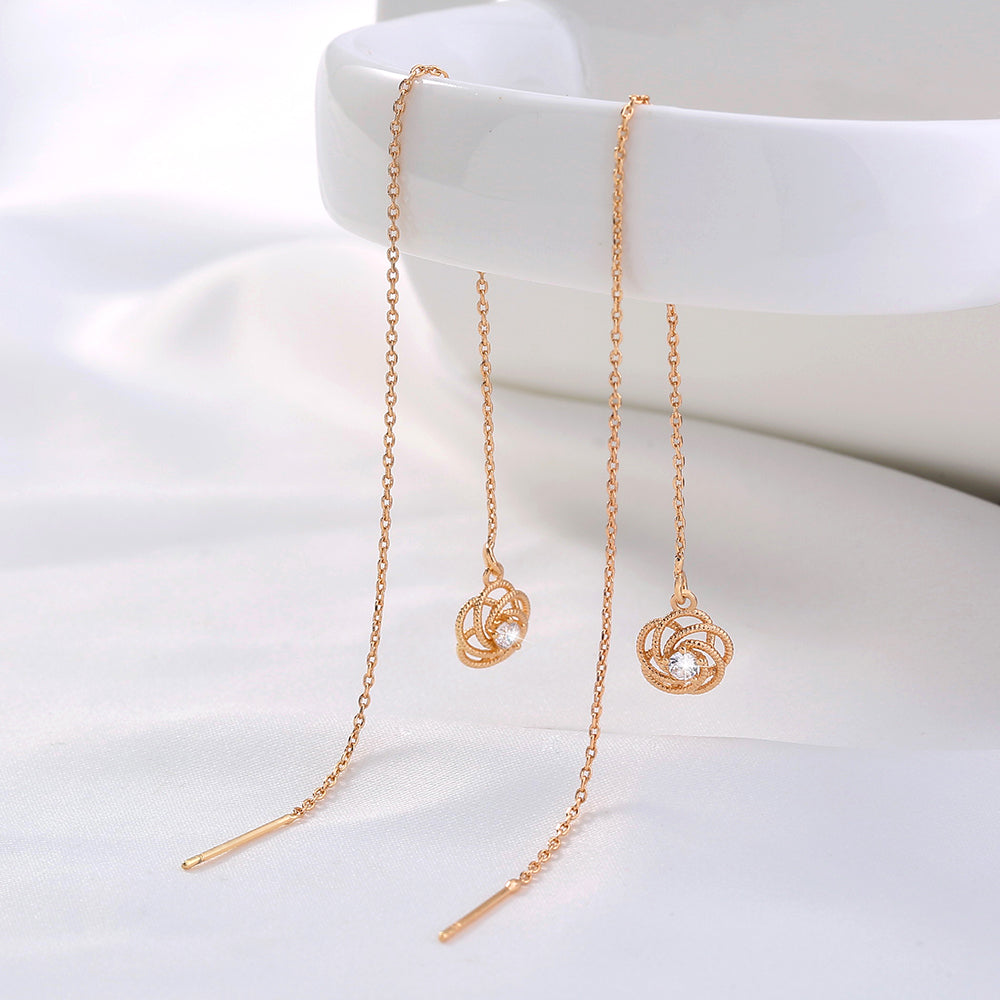 Gold-tone Copper Rose Zircon Long Tassel Earring Pendant