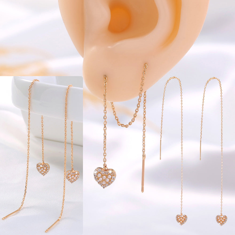 Gold Heart Cutout And Diamond Tassel Threader Earrings