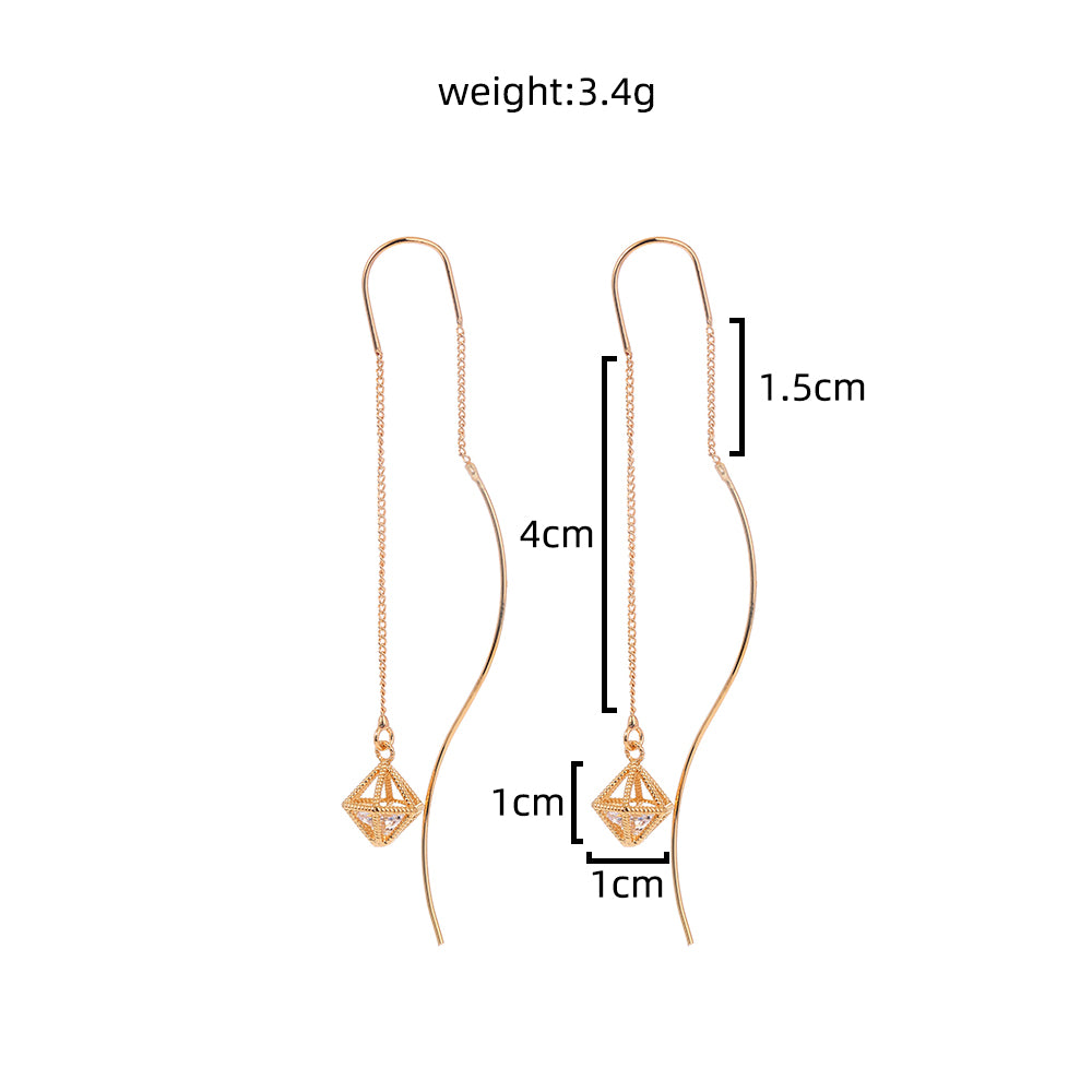 Gold Bronze Cutout Zircon Tassel Threader Earrings