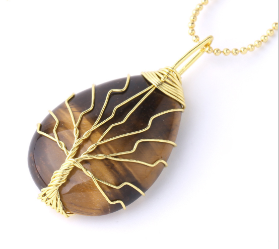 Natural Stone Pendant Gold Color Wire Wrap Gem