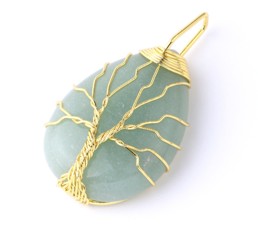 Natural Stone Pendant Gold Color Wire Wrap Gem