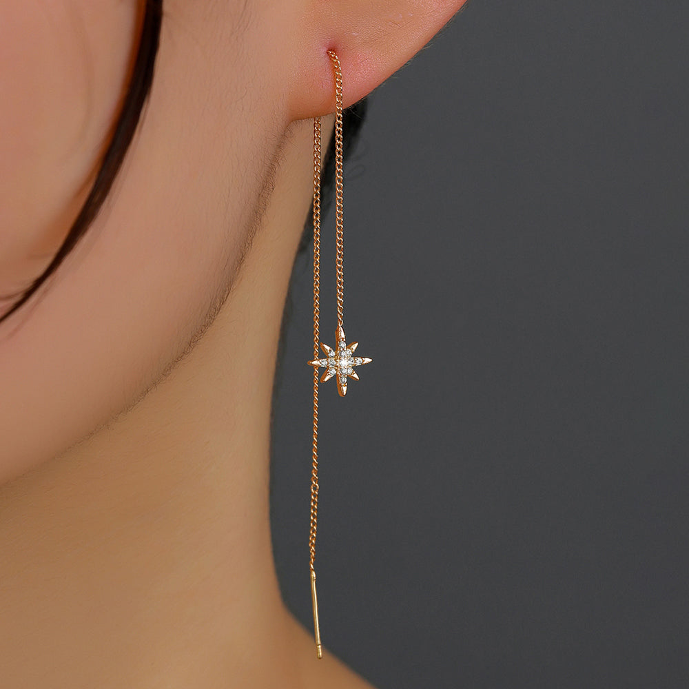 Gold Hexagram Zircon Long Tassel Ear Wires In Gold Copper