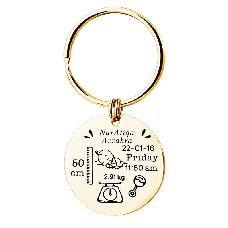 Stainless Steel Round Key Baby Birth Keychain