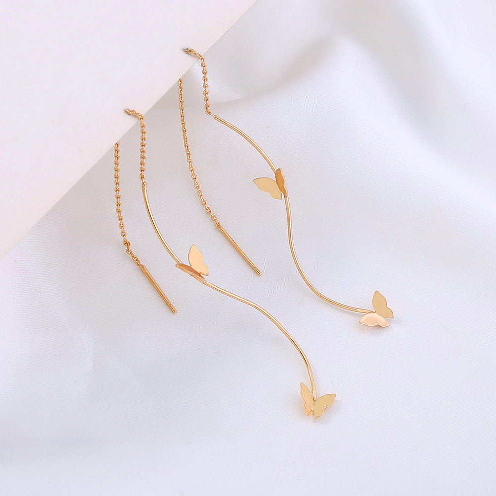 Gold Copper Squeezed Snake Butterfly Threader Earrings