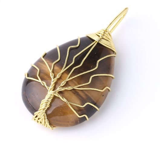 Natural Stone Pendant Gold Color Wire Wrap Gem