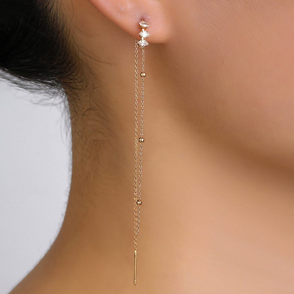 Brass Zirconia Long Tassel Threader Earrings