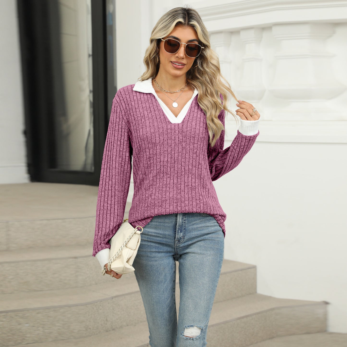 Lapel Long Sleeve Loose-fitting Top