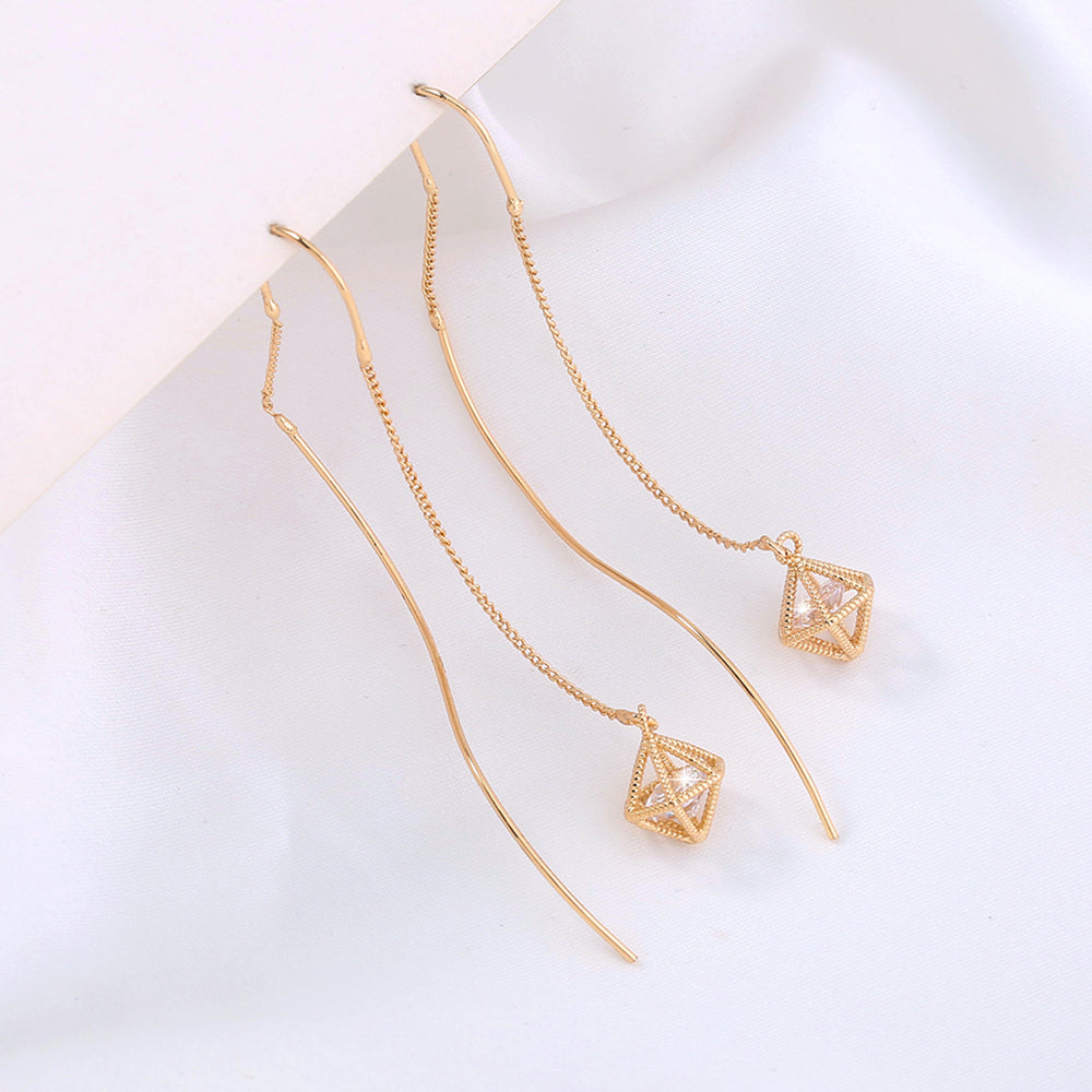 Gold Bronze Cutout Zircon Tassel Threader Earrings