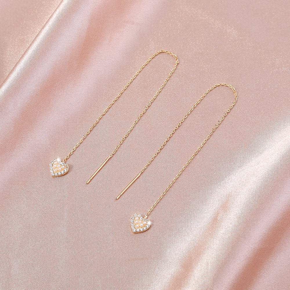 Gold Heart Cutout And Diamond Tassel Threader Earrings