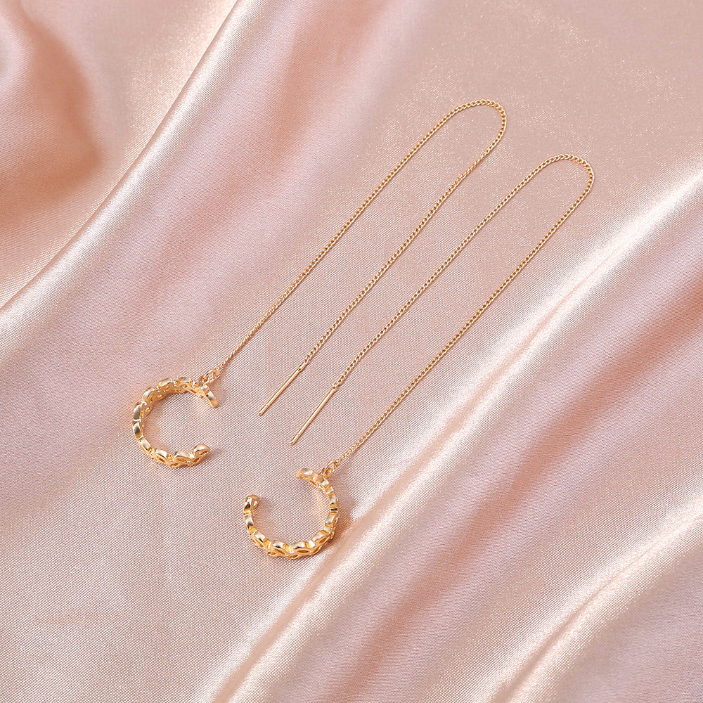 Gold Copper C-shaped Hollow Leaf Threader Earrings