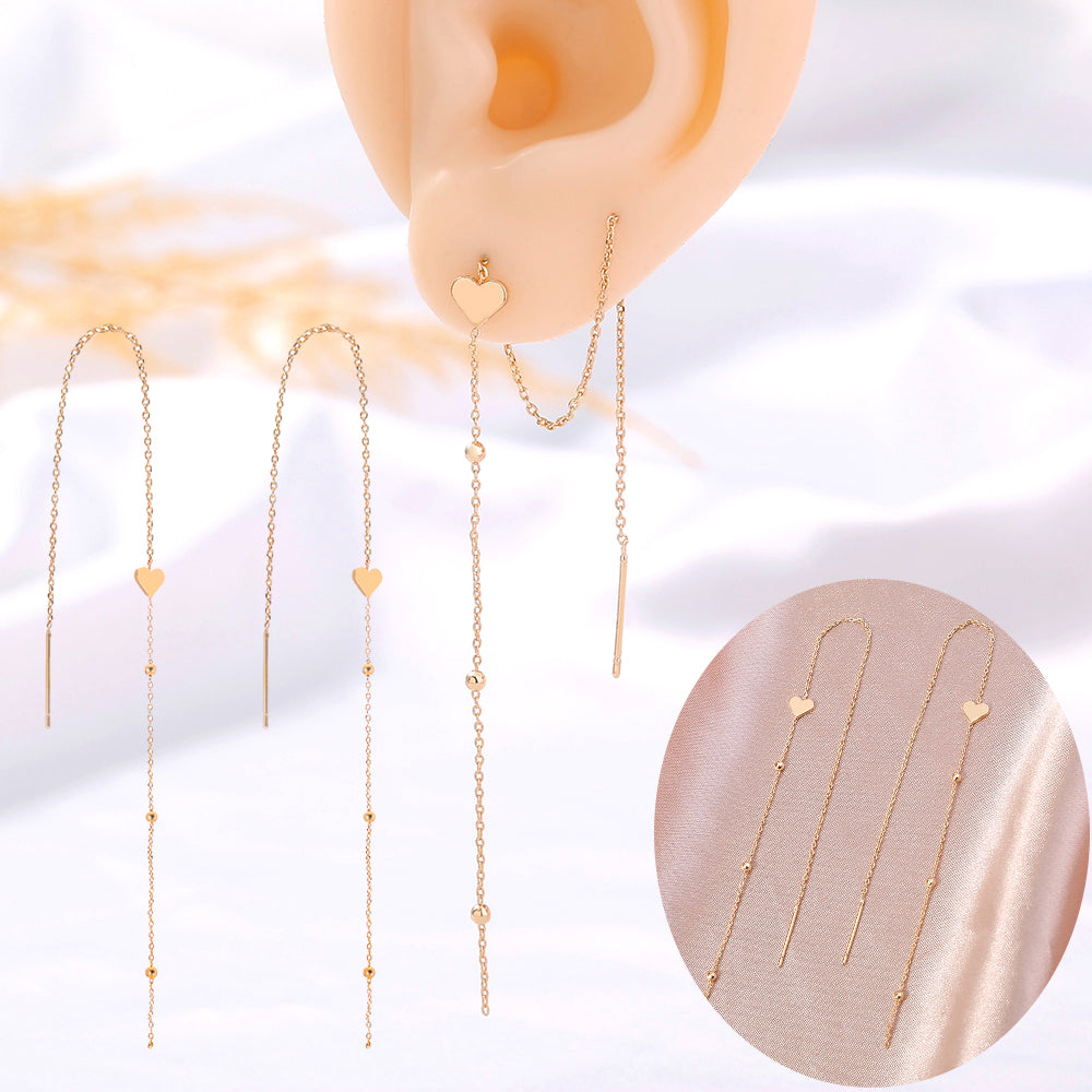 Gold Bronze Heart Tassel Threader Earrings