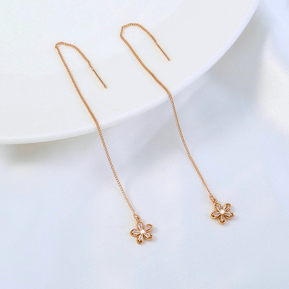 Gold Floral Copper Tassel Threader Earrings