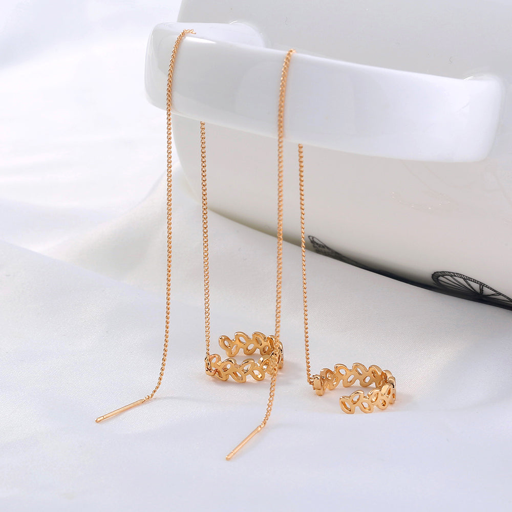 Gold Copper C-shaped Hollow Leaf Threader Earrings