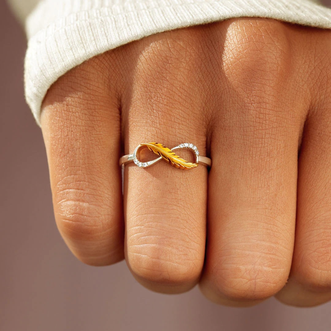 Two-Tone Gold Feather Ring With Rhinestones