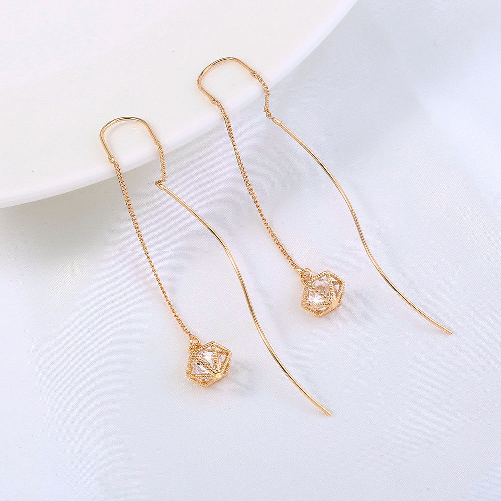 Gold Bronze Cutout Zircon Tassel Threader Earrings